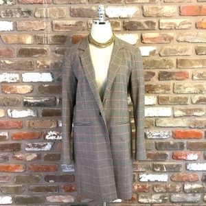 KIABI Women’s Plaid Check One Button Notched Collar Longline Blazer Coat 12